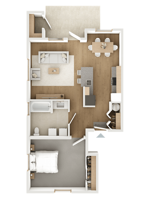 Floor plan for 1 bed, 1 bath, 728 sqft